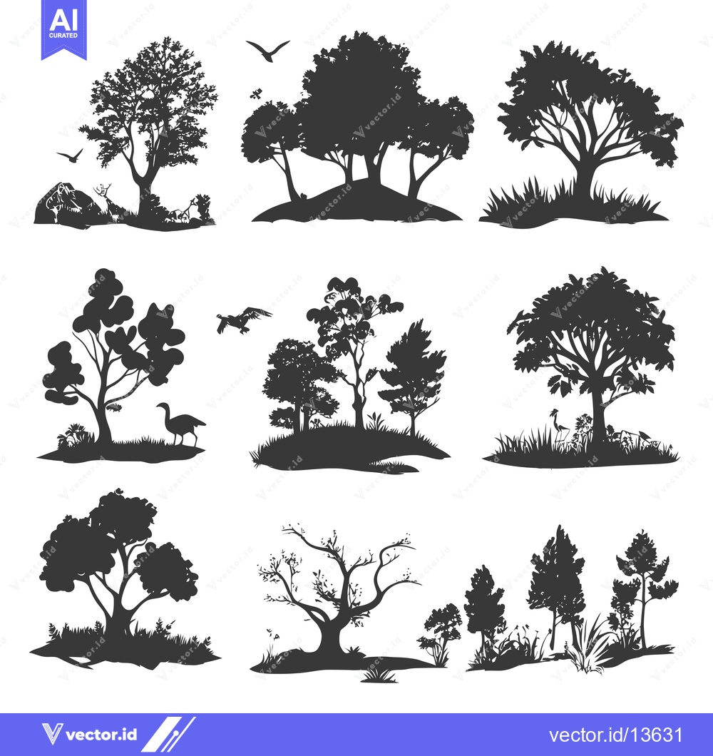 Premium Vector dari A Collection of Nine Black and White Silhouettes of Trees, Birds, and