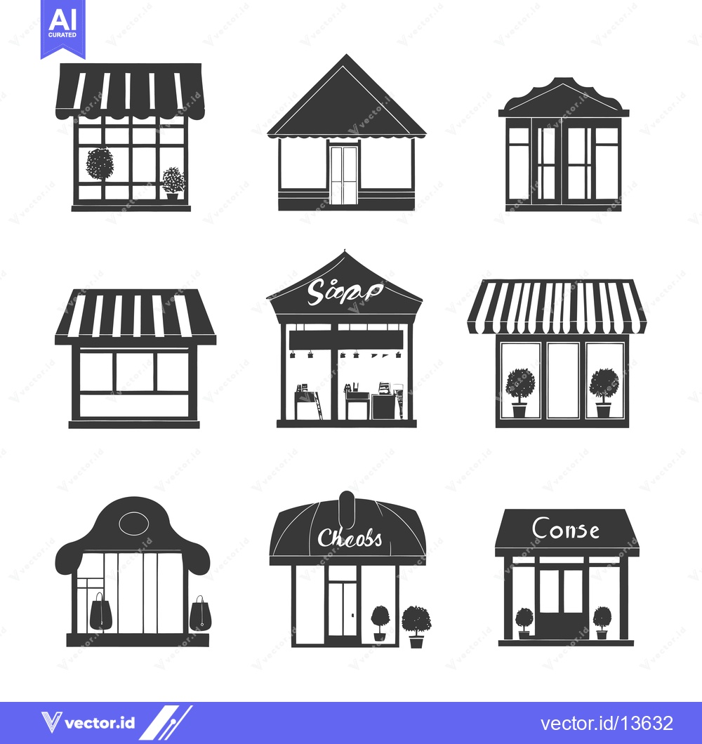 Premium Vector of A Collection of Nine Black and White Store Facade Silhouettes