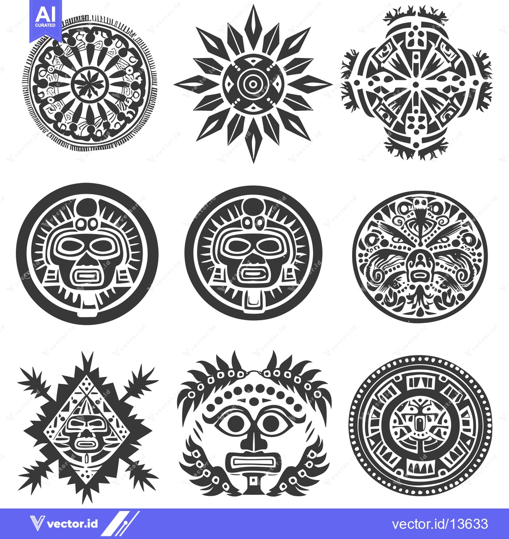 Premium Vector dari A Collection of Nine Black and White Tribal Masks and Symbols