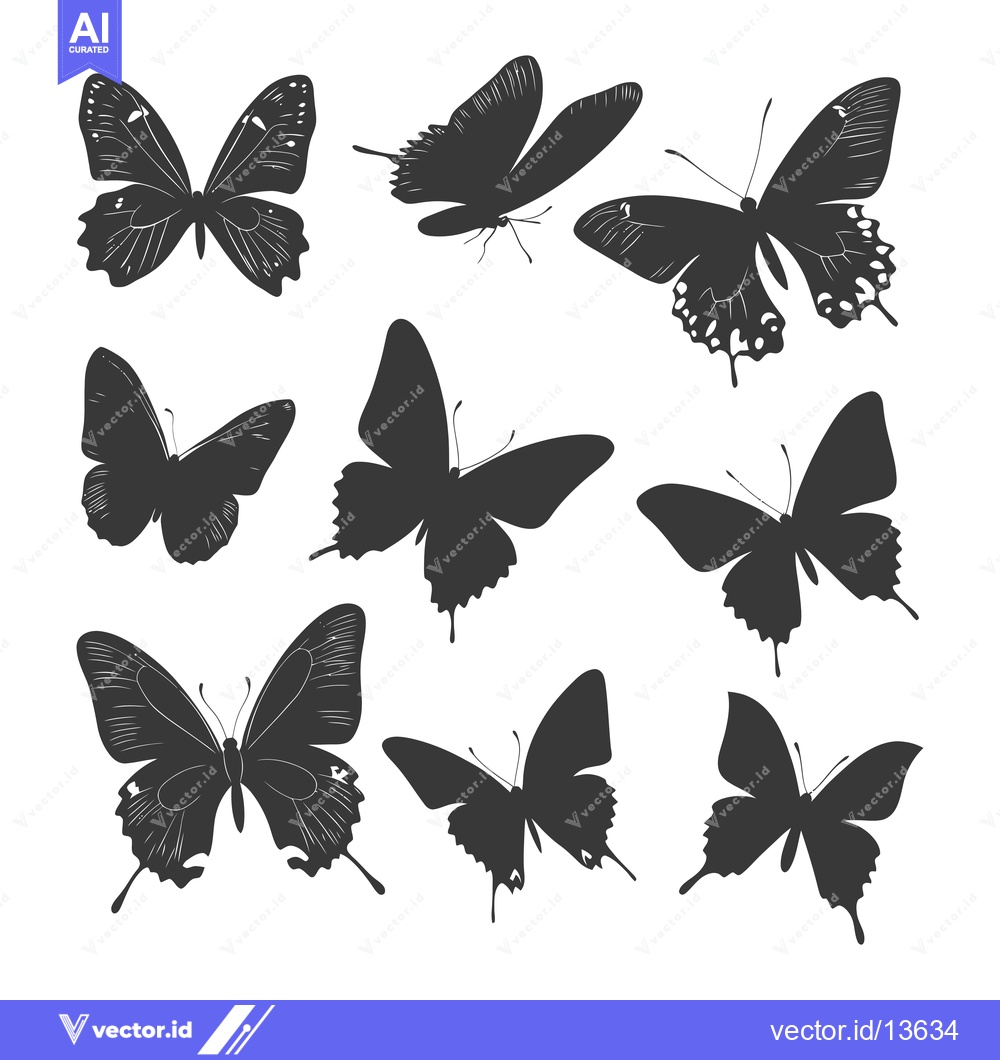 Premium Vector of A Collection of Nine Black Butterfly Silhouettes