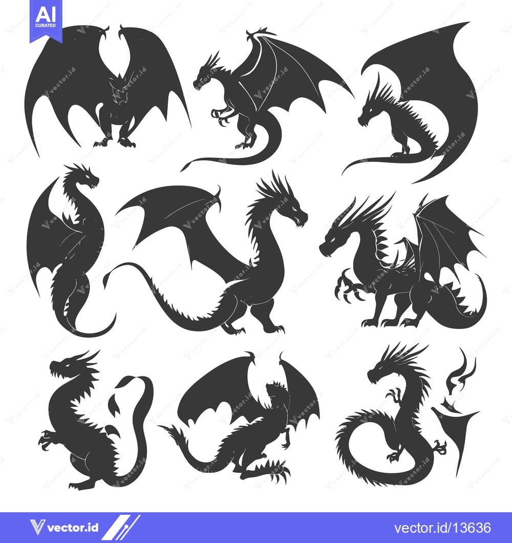 Premium Vector of A Collection of Nine Black Dragon Silhouettes
