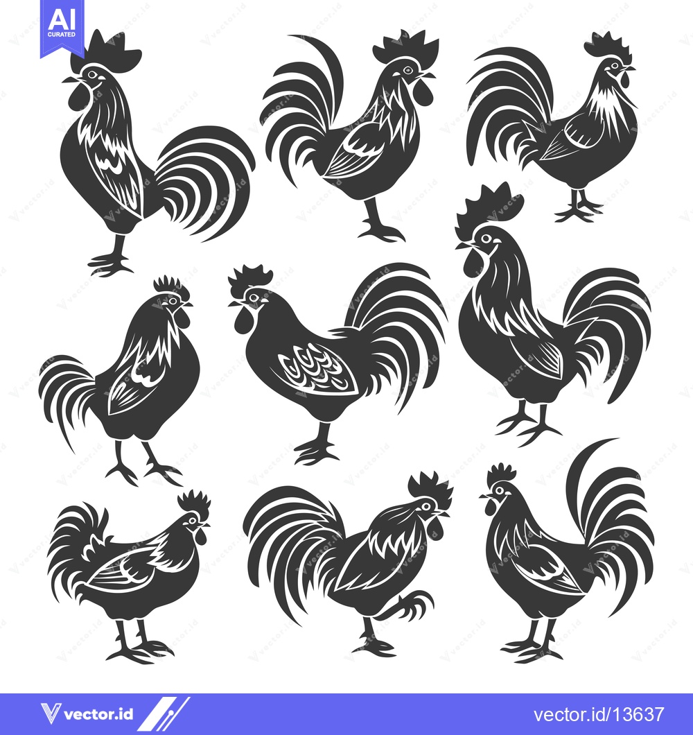 Premium Vector dari A collection of nine black rooster silhouettes in various poses