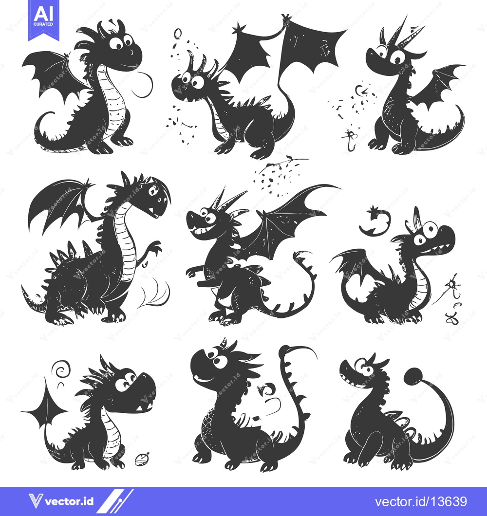 Premium Vector dari A Collection of Nine Cartoon Dragon Silhouettes