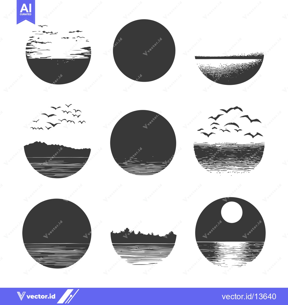 Premium Vector dari A Collection of Nine Circular Landscapes Featuring Birds, Mountains, a