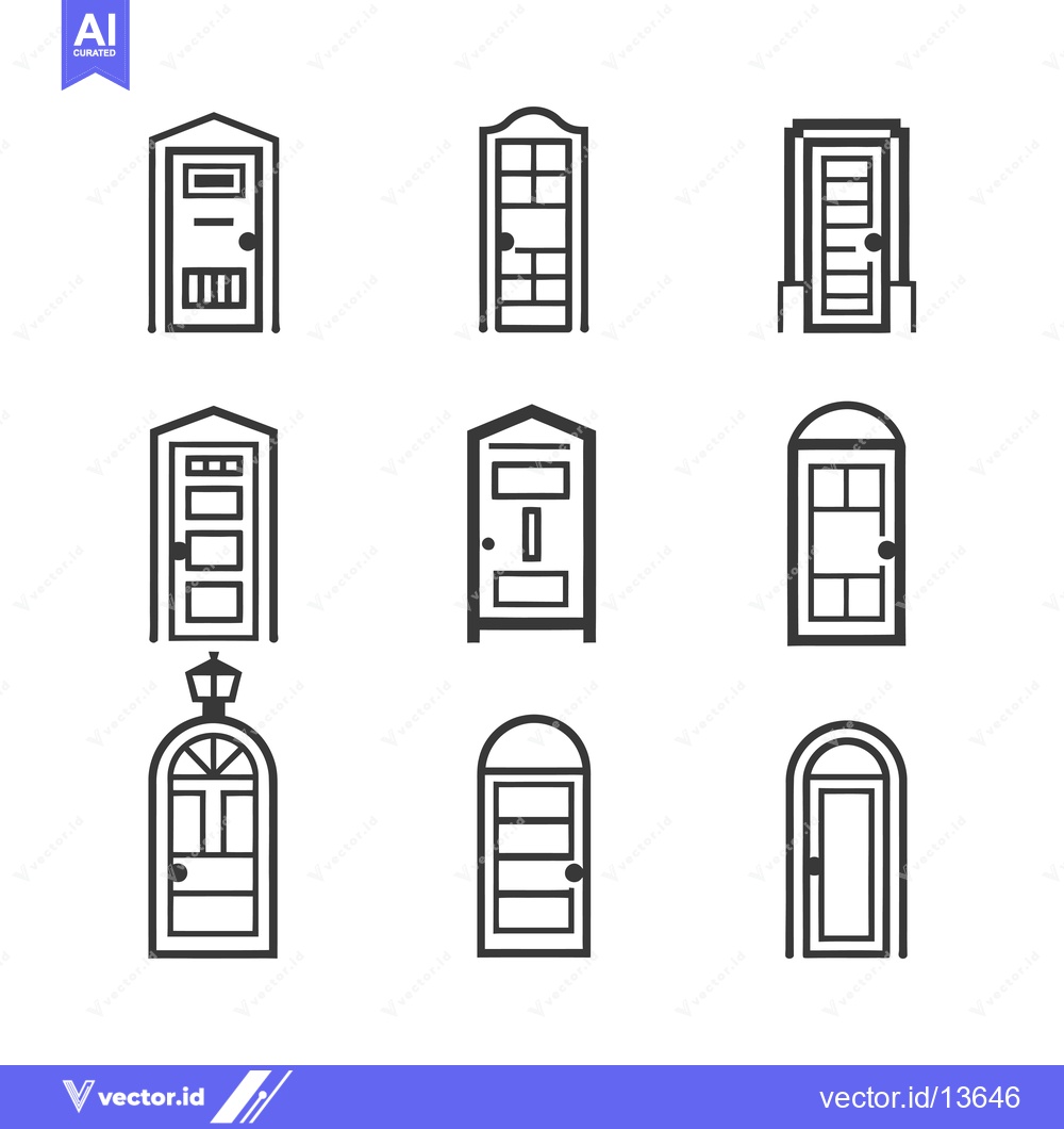 Premium Vector dari A Collection of Nine Different Door Styles in Black and White Outline