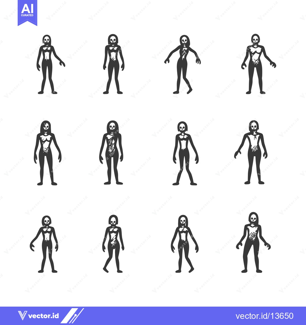 Premium Vector dari A Collection of Nine Different Poses of a Female Skeleton Zombie