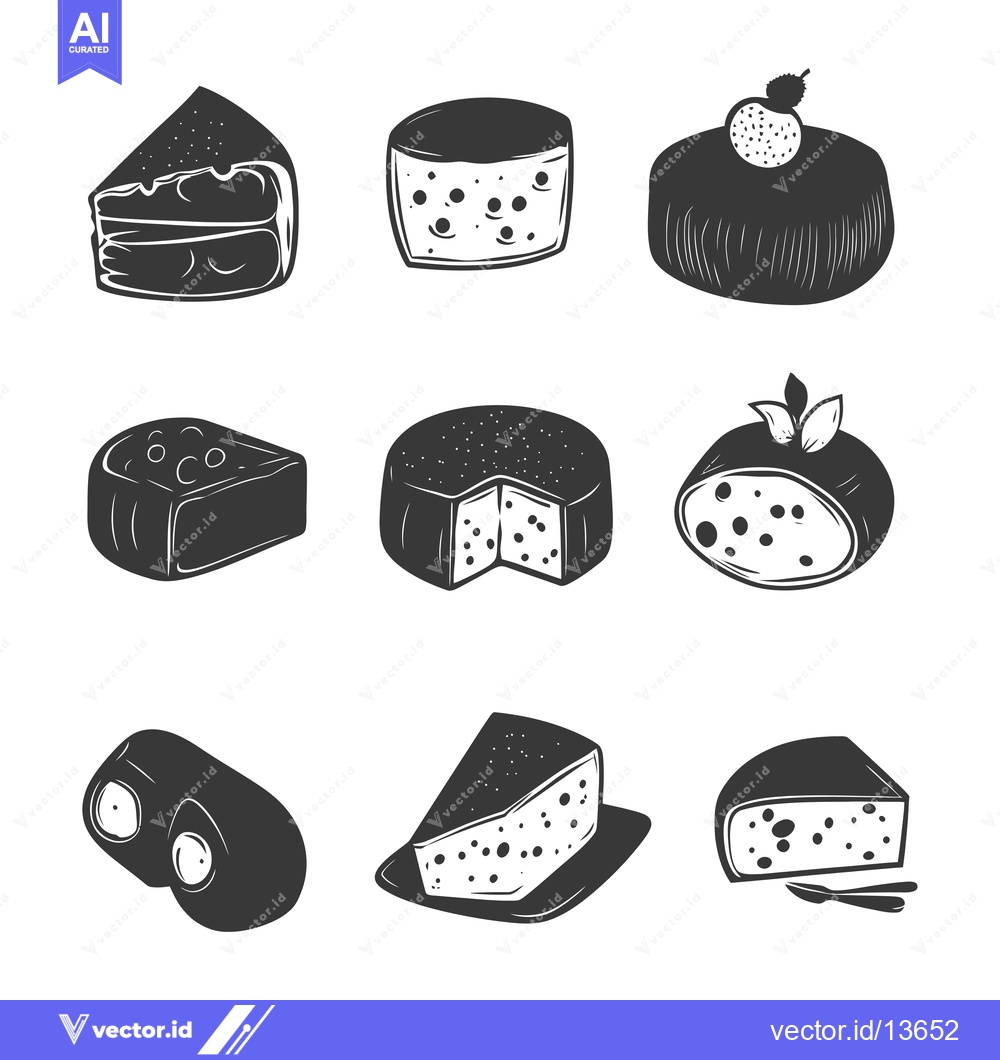 Premium Vector dari A Collection of Nine Different Types of Cheese in Black and White Silh
