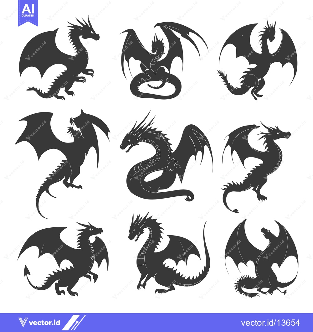 Premium Vector of A Collection of Nine Dragon Silhouettes in Various Poses