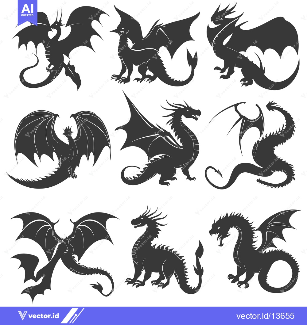 Premium Vector of A Collection of Nine Dragon Silhouettes with Wings, Tails, and Claws