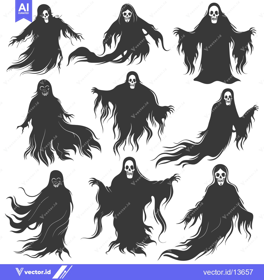 Premium Vector of A Collection of Nine Ghost Silhouettes with Exposed Skulls