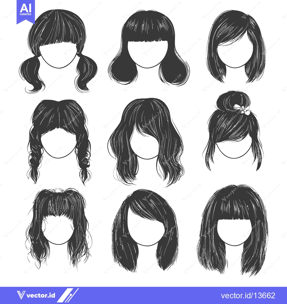 Premium Vector dari A Collection of Nine Hand-Drawn Female Hairstyles