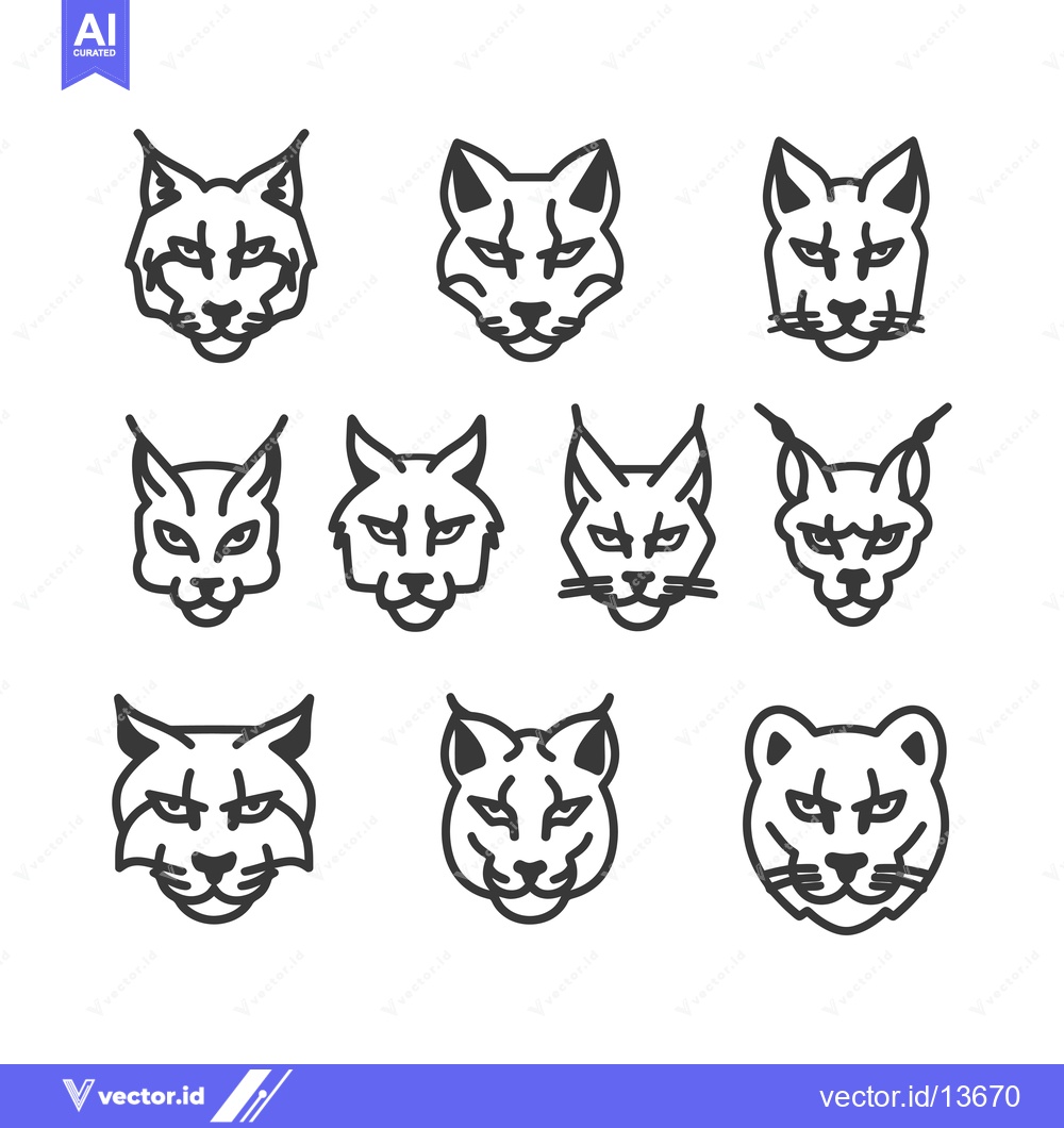Premium Vector dari A Collection of Nine Lynx or Bobcat Head Line Drawings