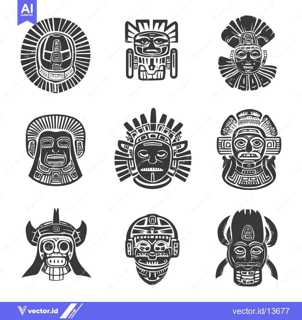 Premium Vector of A Collection of Nine Ornamental Native American Masks