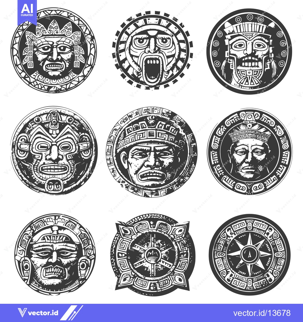 Premium Vector of A Collection of Nine Ornate Circular Designs Featuring Faces and Symbo