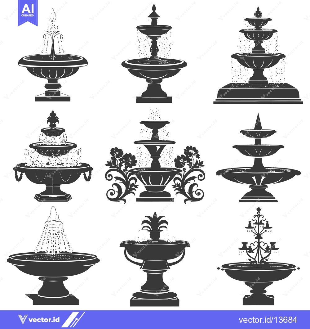 Premium Vector of A Collection of Nine Silhouettes of Ornate Fountains