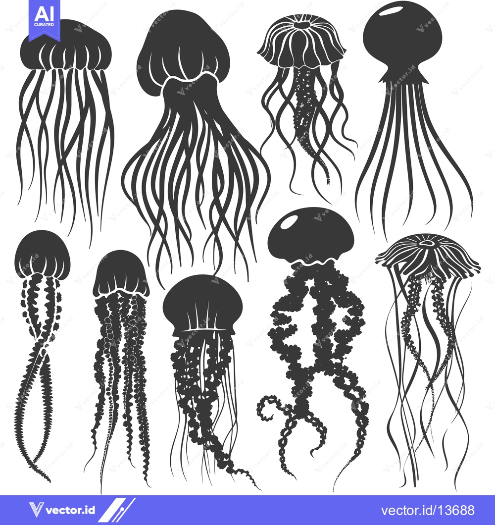 Premium Vector dari A Collection of Nine Stylized Black and White Jellyfish Silhouettes