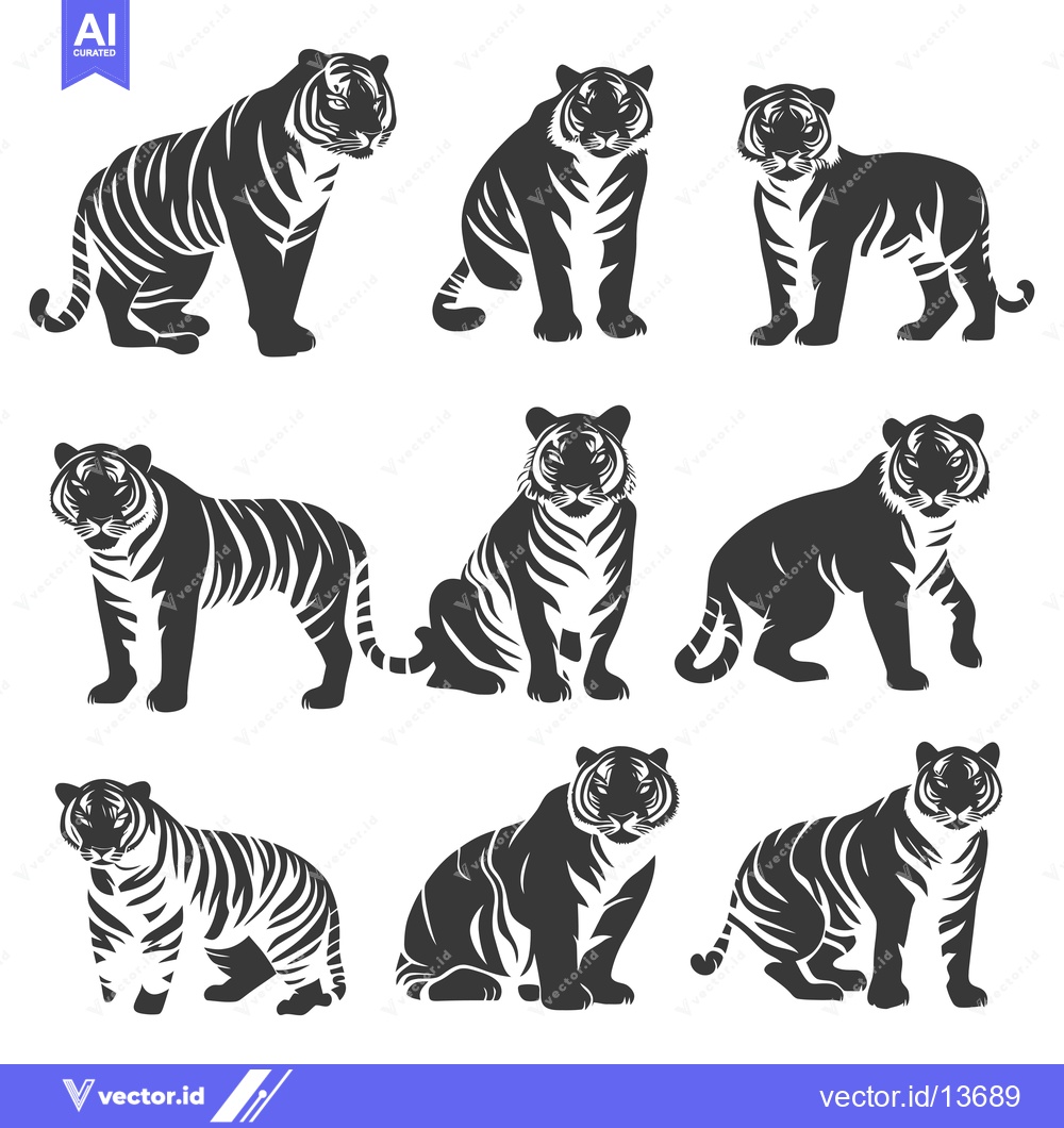 Premium Vector dari A Collection of Nine Stylized Black and White Tiger Silhouettes