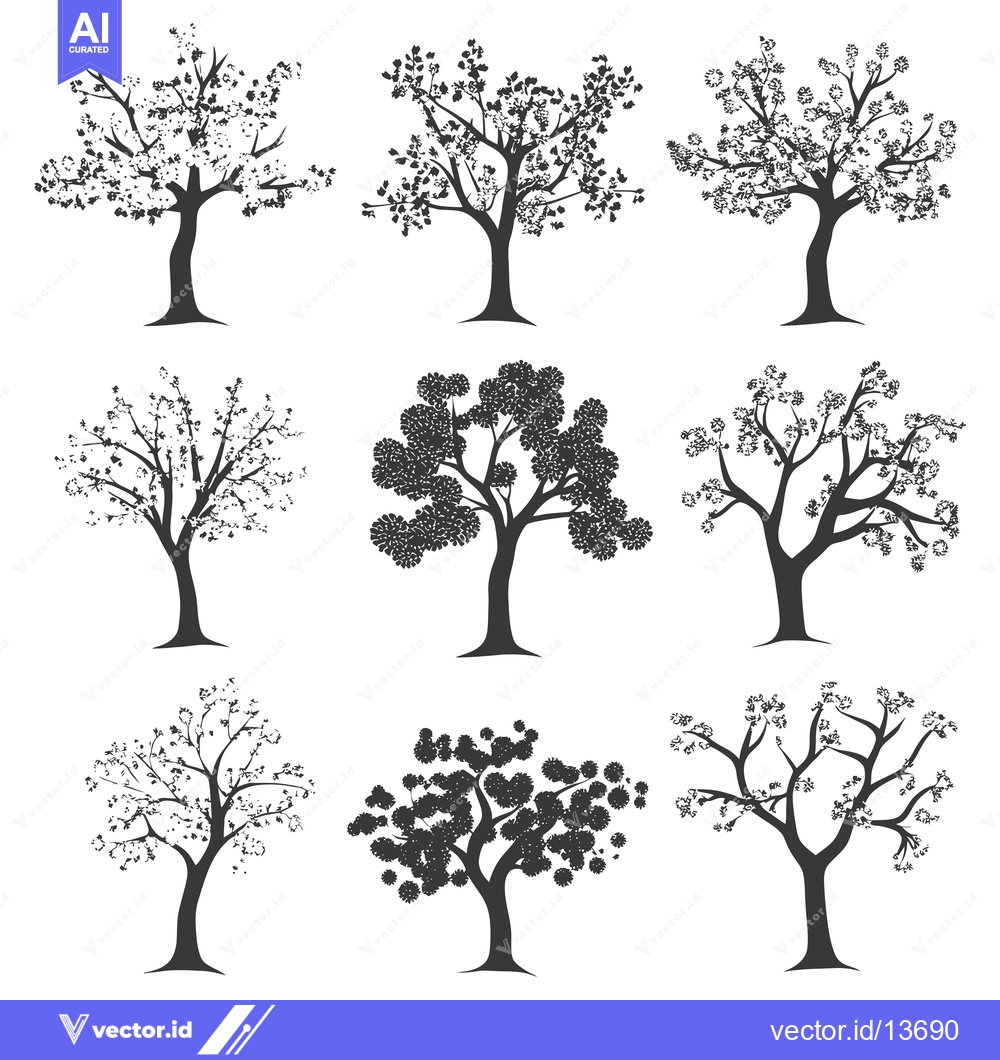 Premium Vector dari A Collection of Nine Stylized Black and White Tree Silhouettes