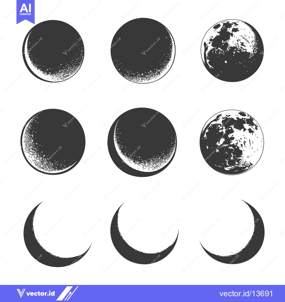 Premium Vector dari A Collection of Nine Stylized Moon Phases with a Rough Textured Effect