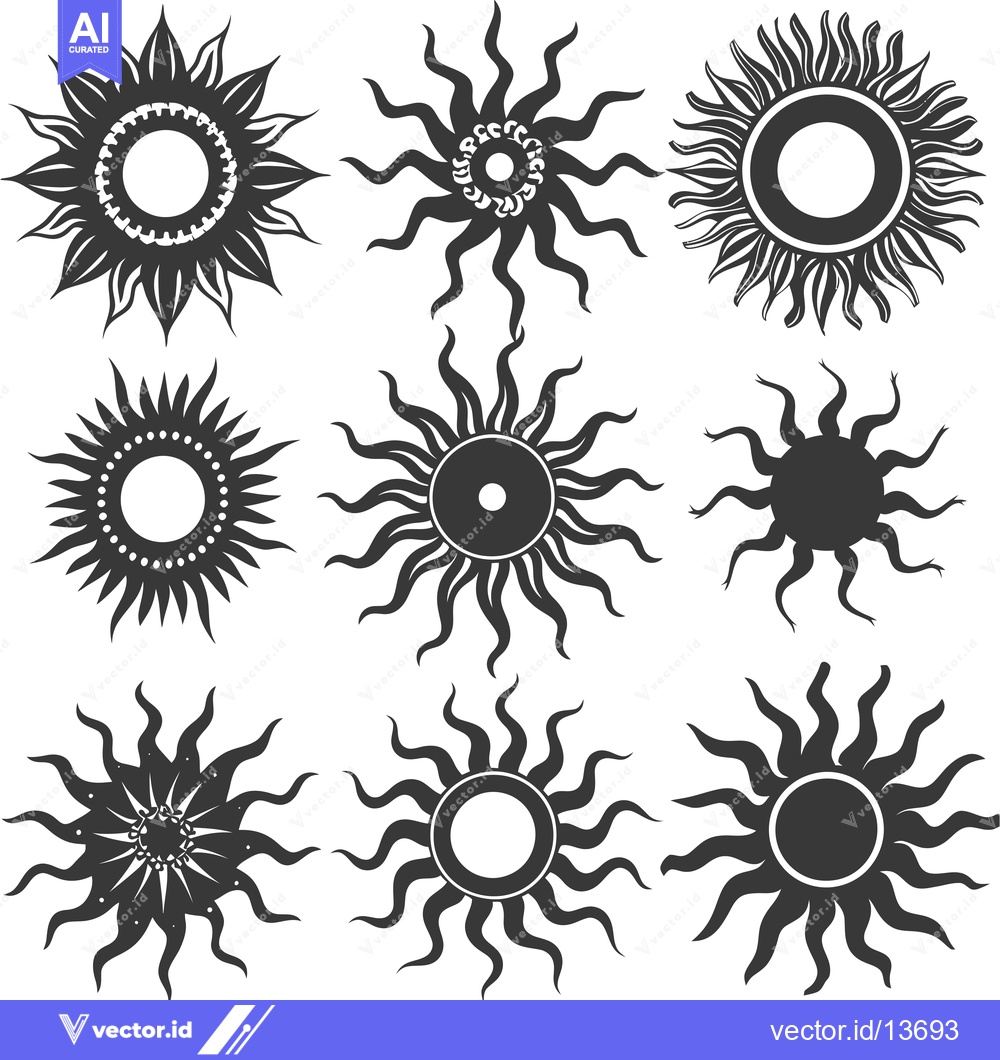 Premium Vector dari A Collection of Nine Stylized Sun Designs with Varying Ray Shapes and