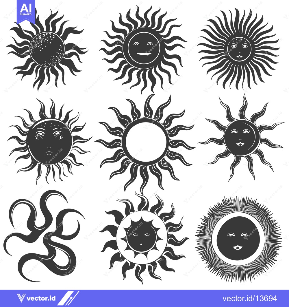 Premium Vector of A Collection of Nine Stylized Sun Symbols with Different Faces and Ray