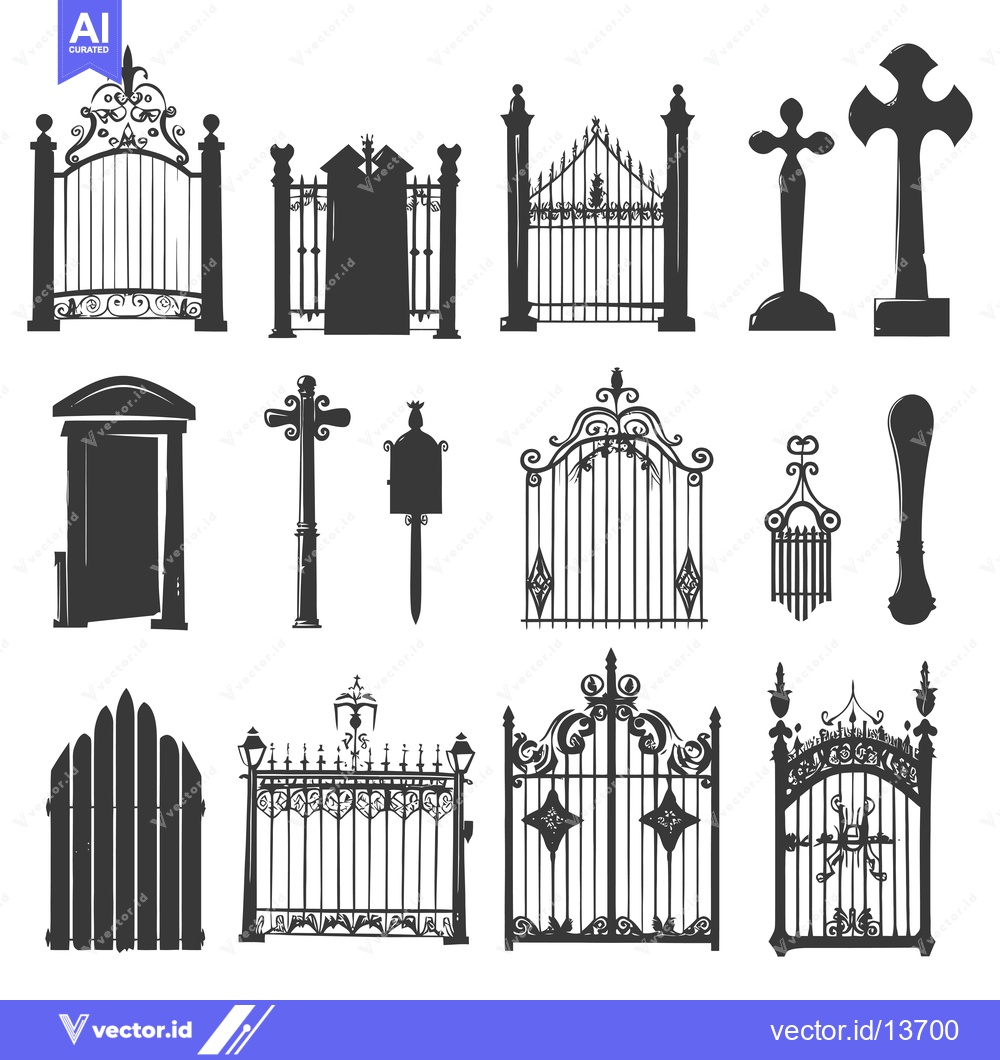 Premium Vector dari A Collection of Ornamental Gates and Cemetery Objects Silhouettes