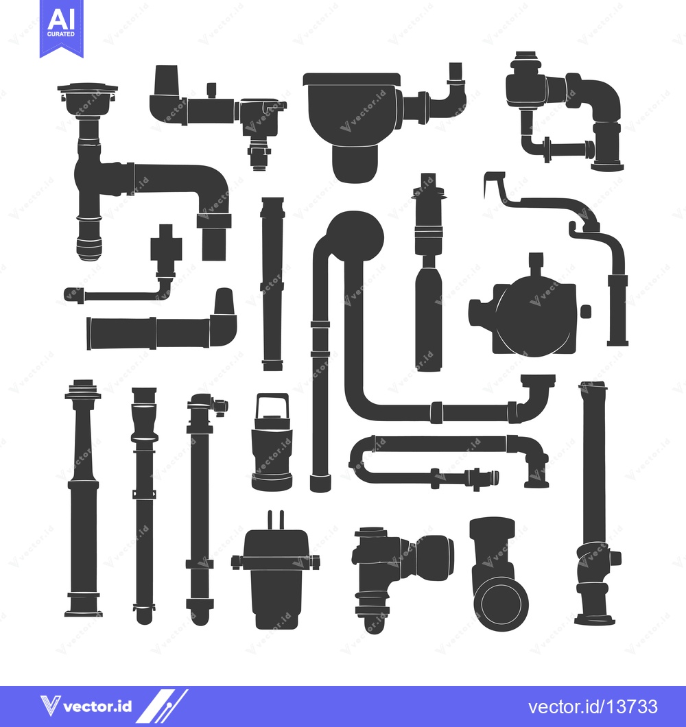 Premium Vector dari A collection of plumbing pipes, fittings and valves in black silhouett