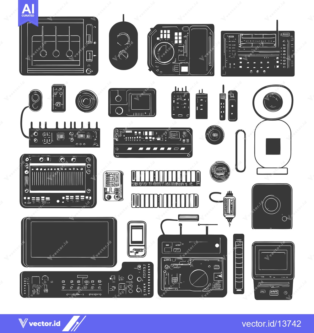 Premium Vector dari A Collection of Retro Technology Devices Illustrated in Black and Whit