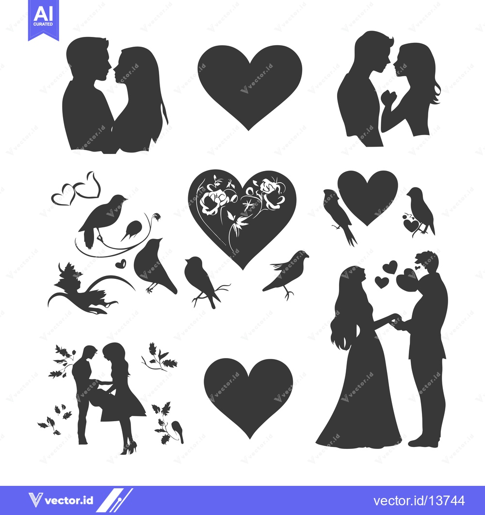 Premium Vector dari A Collection of Romantic Silhouettes with Hearts, Birds, and Couples