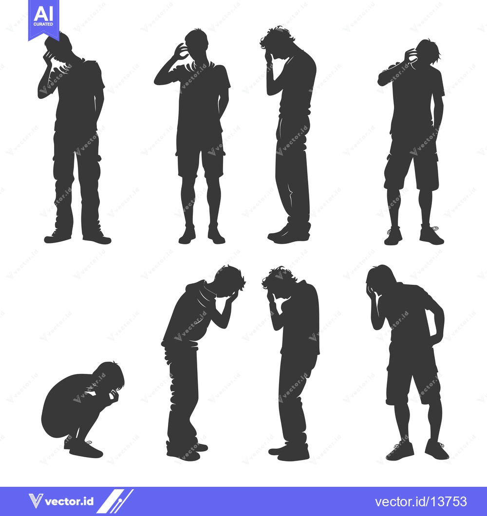Premium Vector of A collection of seven male silhouettes in various poses, depicting sad