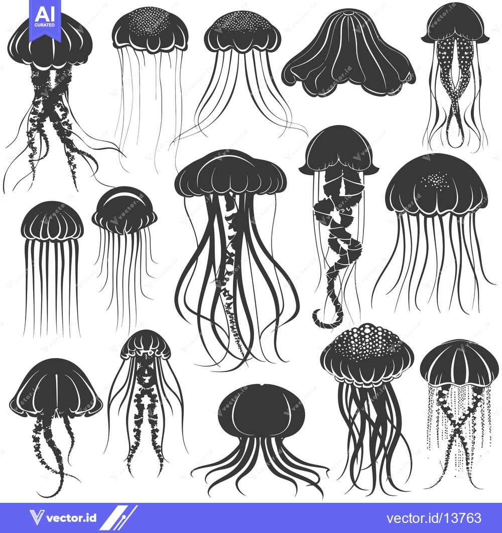 Premium Vector of A Collection of Silhouetted Jellyfish with Various Shapes and Tentacle