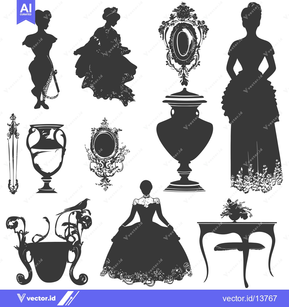 Premium Vector dari A Collection of Silhouette Illustrations Depicting Elegant Women, Orna