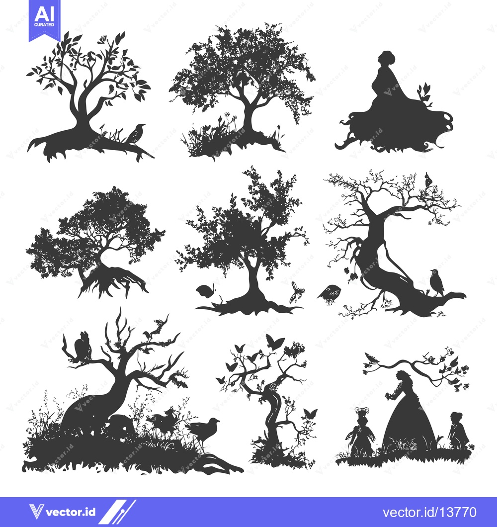 Premium Vector of A Collection of Silhouette Images Depicting Trees, Birds, and People i