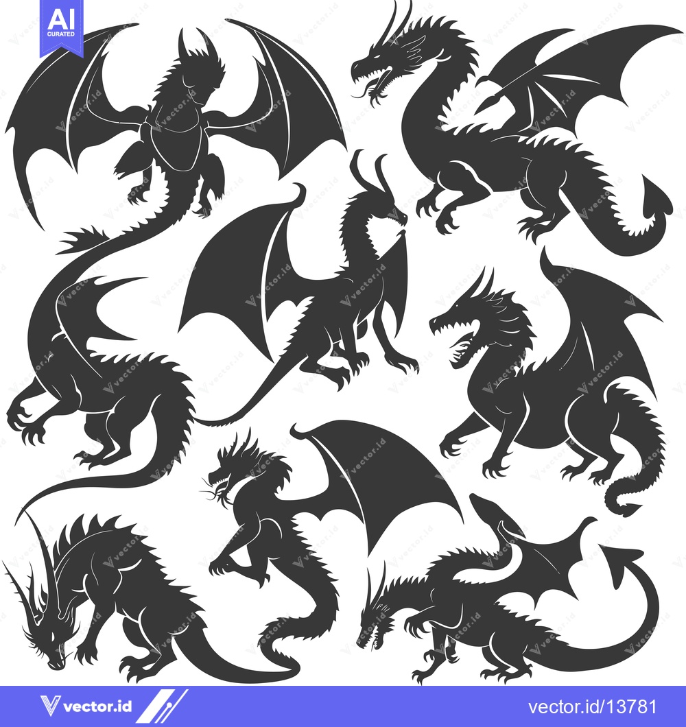 Premium Vector dari A Collection of Silhouettes Depicting Dragons in Various Poses