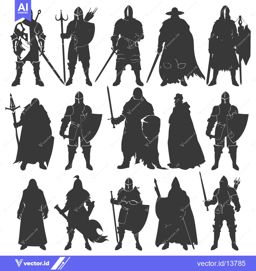Premium Vector of A Collection of Silhouettes Depicting Medieval Knights and Warriors