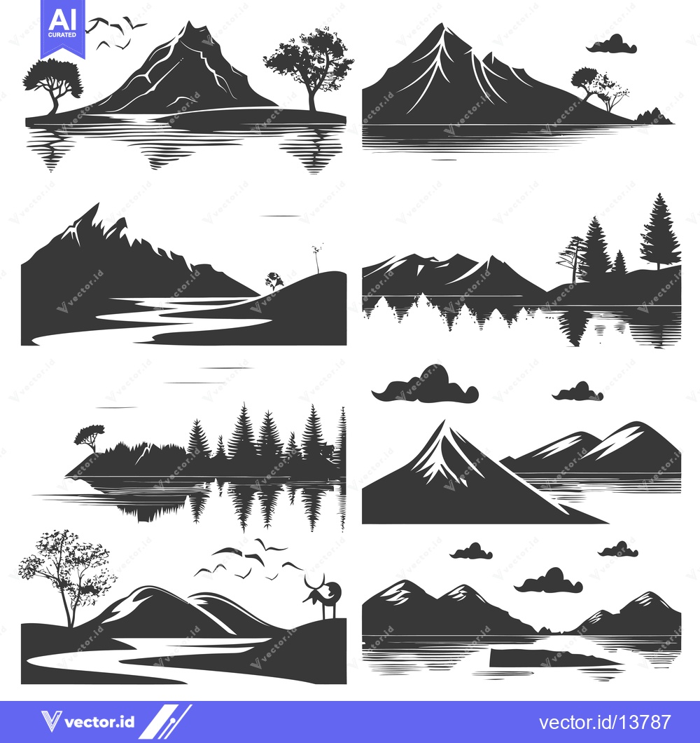 Premium Vector dari A Collection of Silhouettes Depicting Mountainous Landscapes with Wate