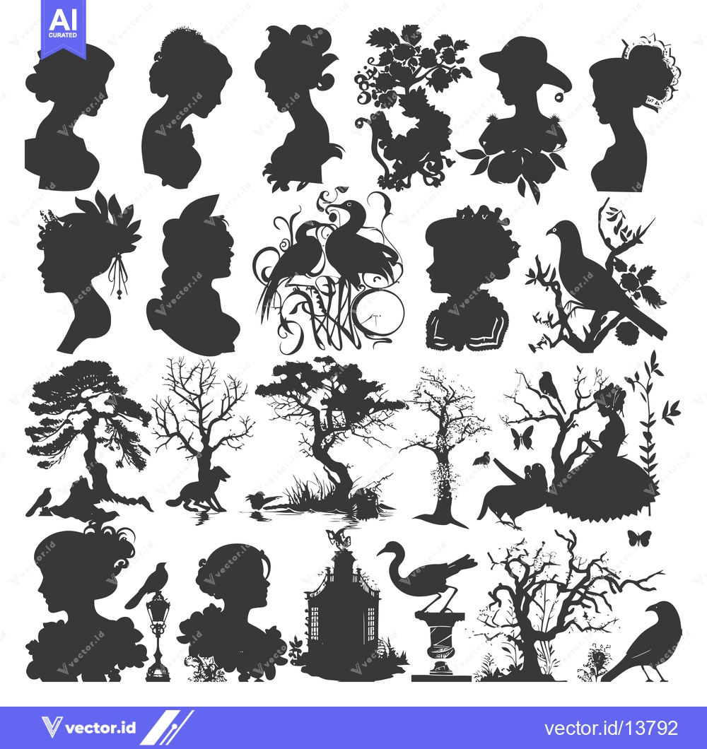 Premium Vector of A Collection of Silhouettes Depicting Nature, Women, and Birds
