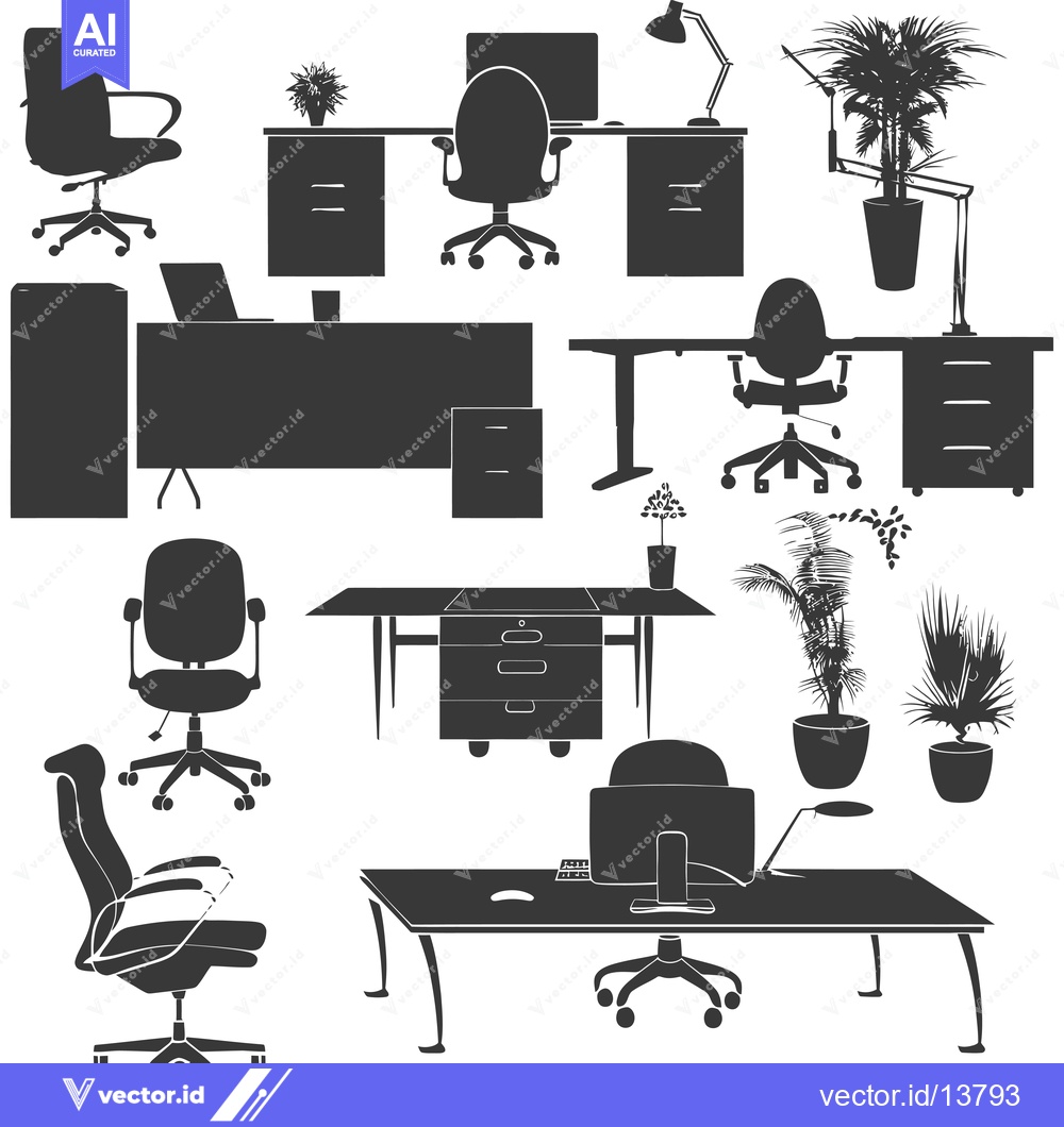Premium Vector dari A Collection of Silhouettes Depicting Office Furniture and Plants