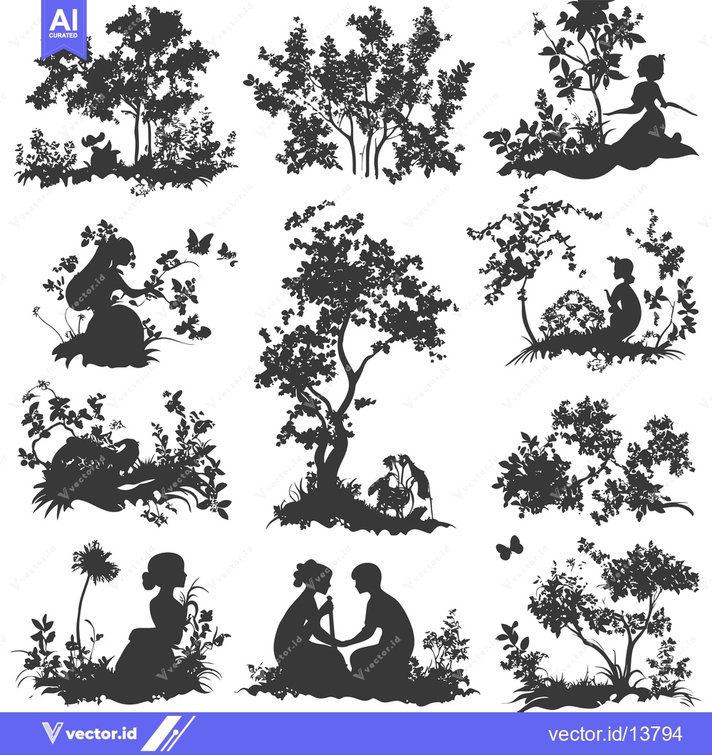 Premium Vector of A Collection of Silhouettes Depicting People and Nature in a Garden Se