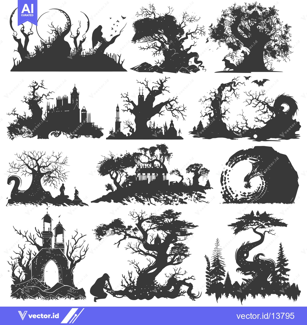 Premium Vector of A Collection of Silhouettes Depicting Spooky and Fantasy Landscapes wi