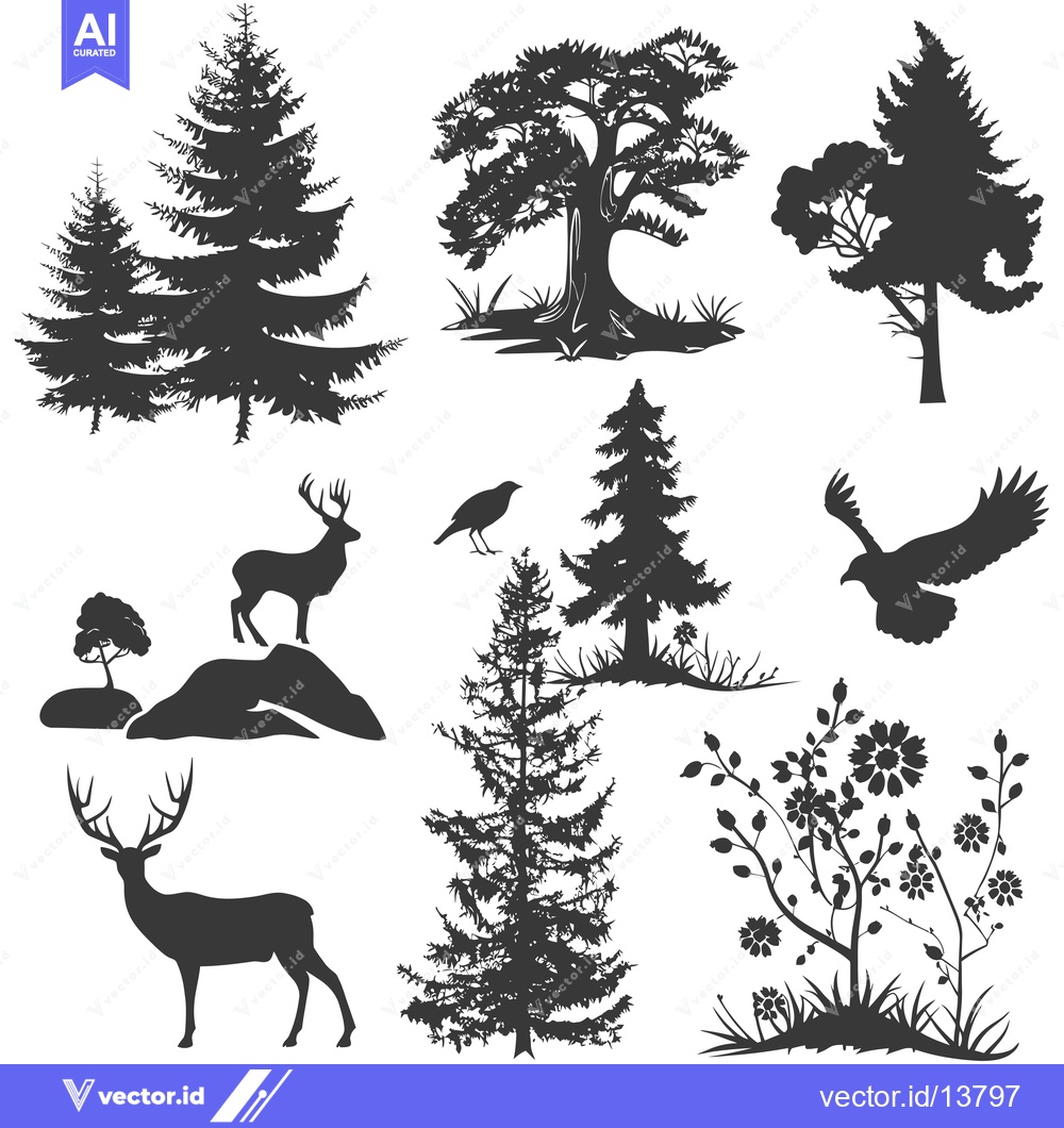 Premium Vector of A Collection of Silhouettes Depicting Trees, Birds, and Deer
