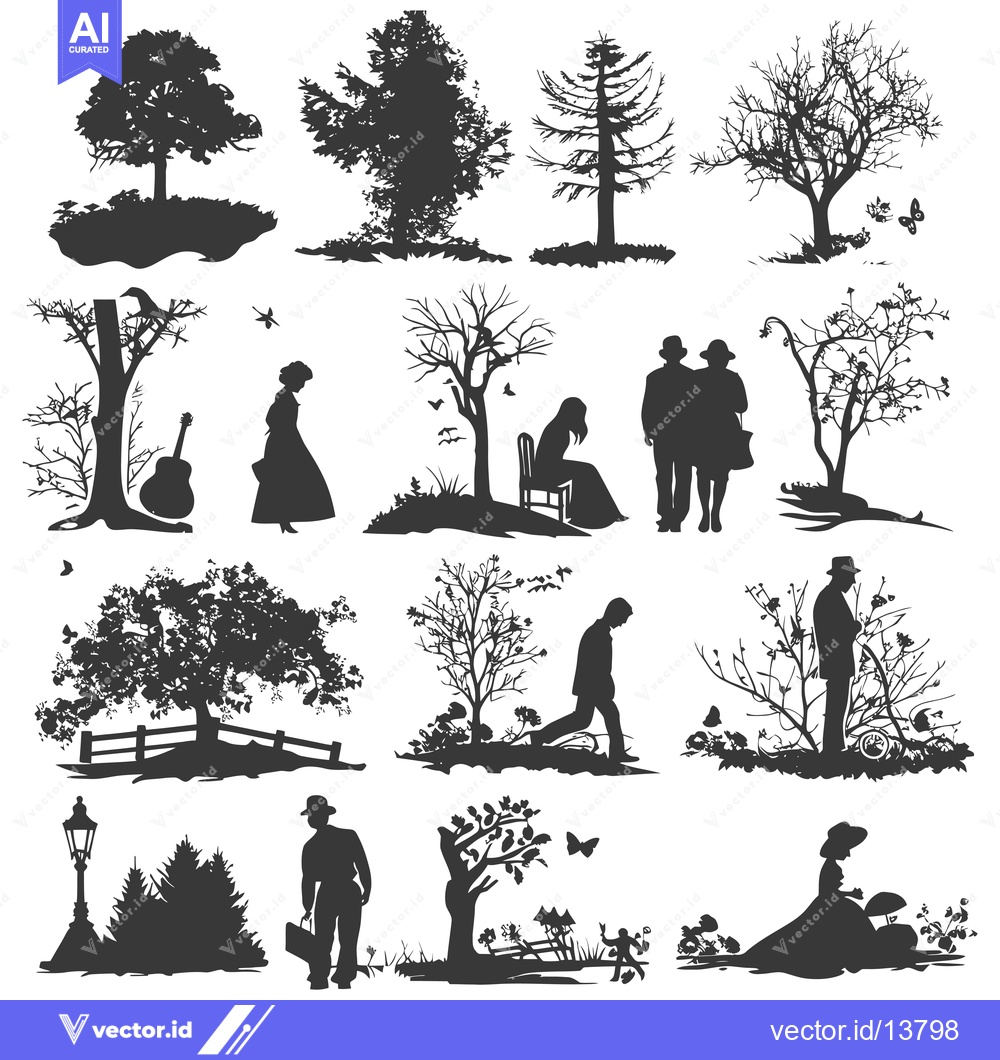 Premium Vector of A Collection of Silhouettes Depicting Trees, People, and Nature