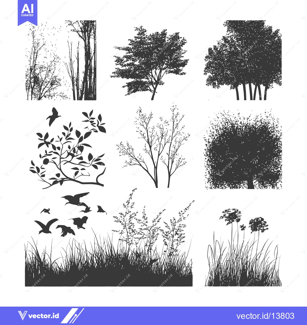 Premium Vector dari A Collection of Silhouettes Depicting Various Trees, Shrubs, Grass, an