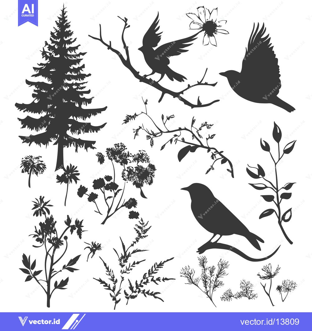 Premium Vector of A Collection of Silhouettes of Birds, Trees, and Flowers