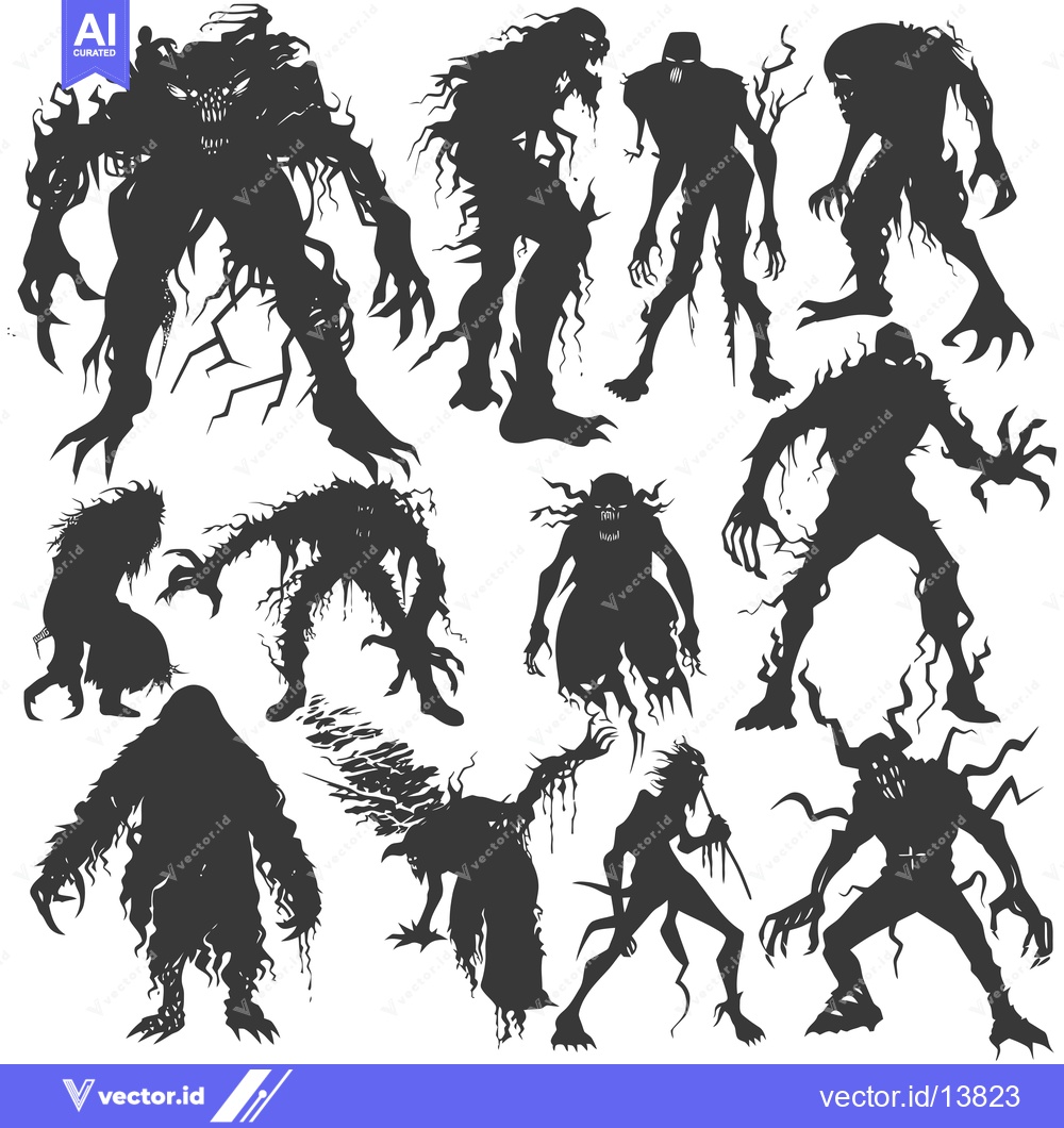 Premium Vector of A Collection of Silhouettes of Monstrous Creatures with Claws and Shar