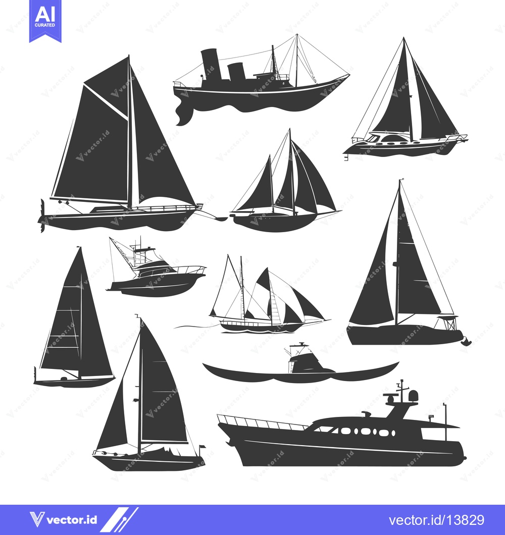 Premium Vector dari A Collection of Silhouettes of Sailboats and Motorboats
