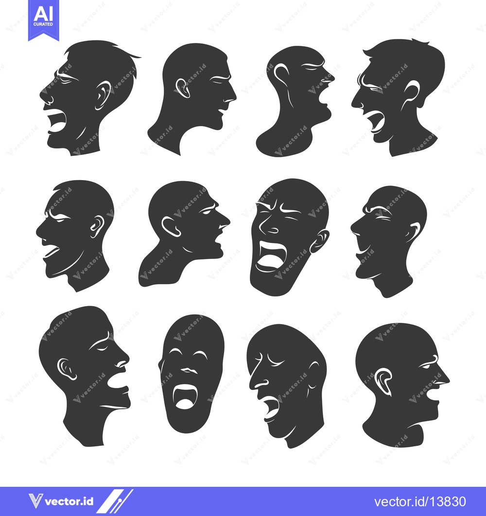 Premium Vector dari A Collection of Silhouettes of Shouting Male Faces
