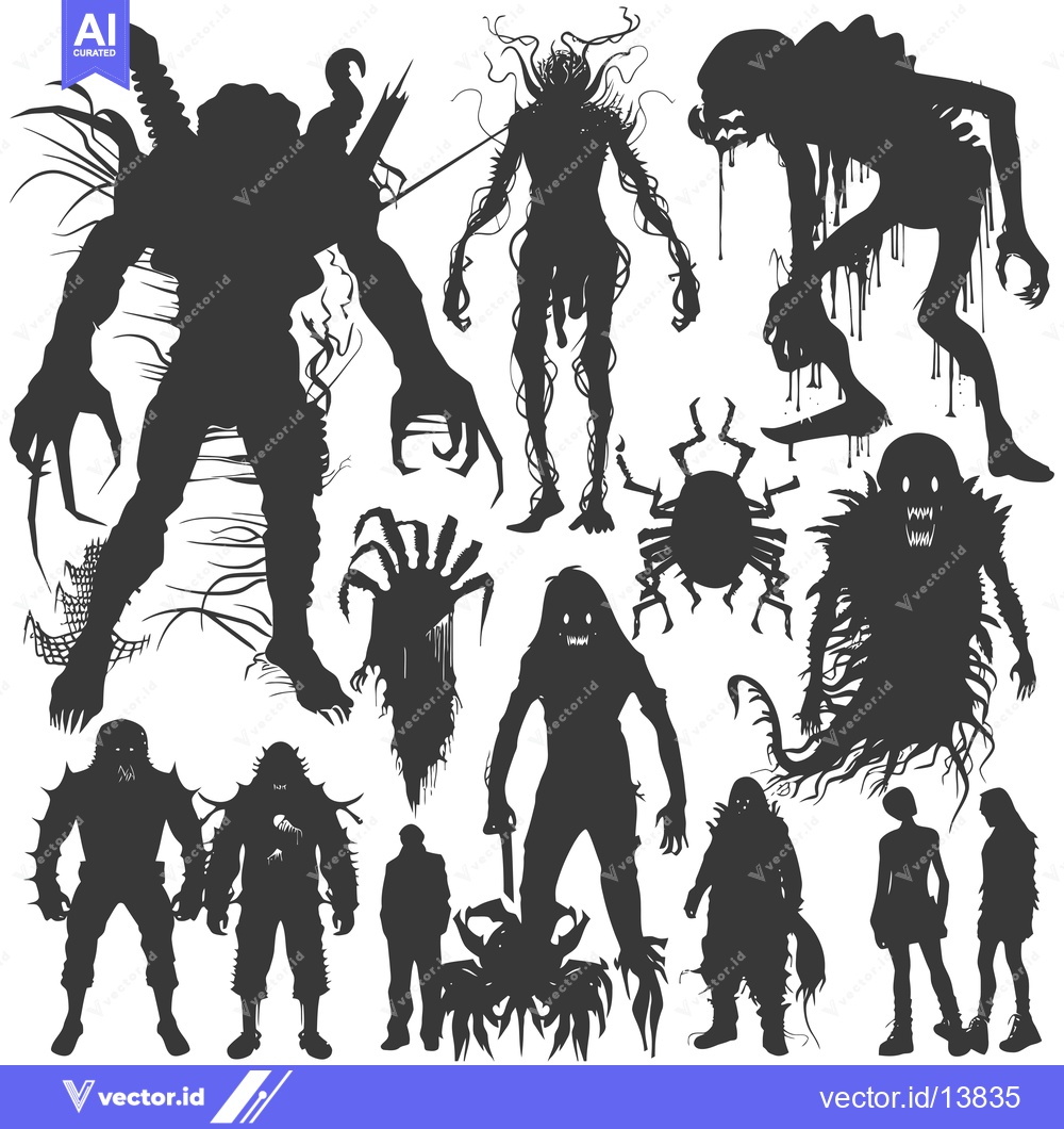 Premium Vector of A Collection of Silhouettes of Various Monstrous Figures