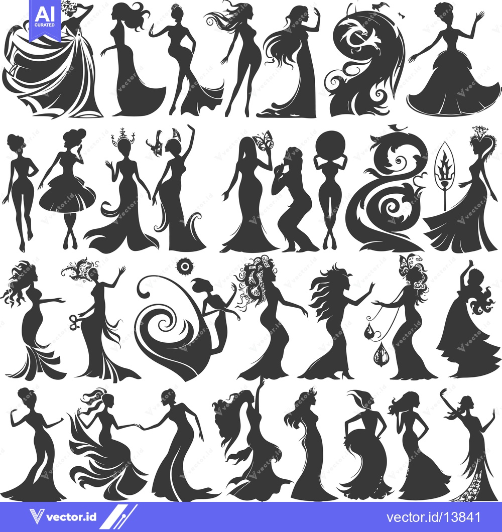 Premium Vector dari A Collection of Silhouettes of Women in Various Poses and Dresses