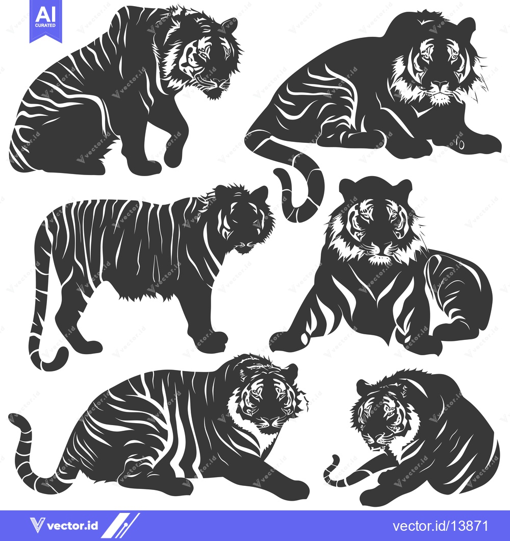 Premium Vector dari A Collection of Six Black and White Tiger Silhouettes